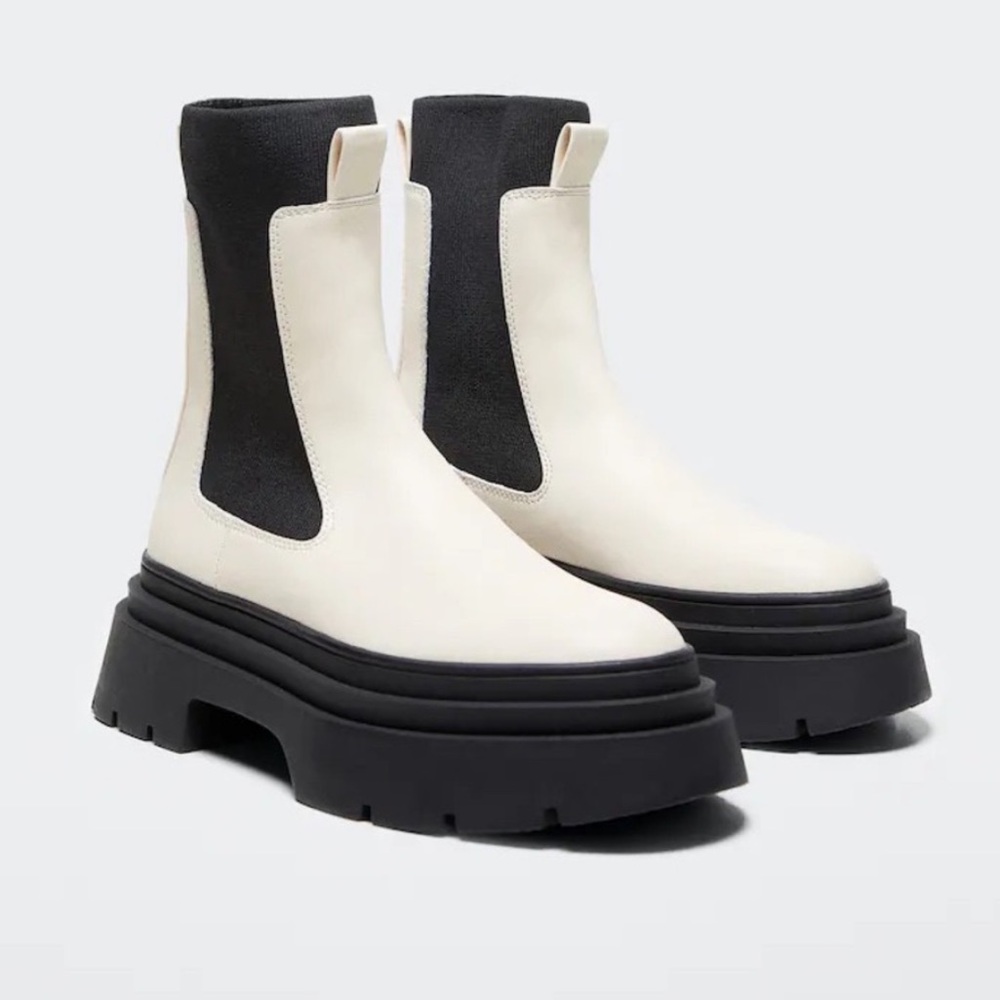 Mango Women's Black and Cream Ankle Lug Sole Sock Platform Boots 38